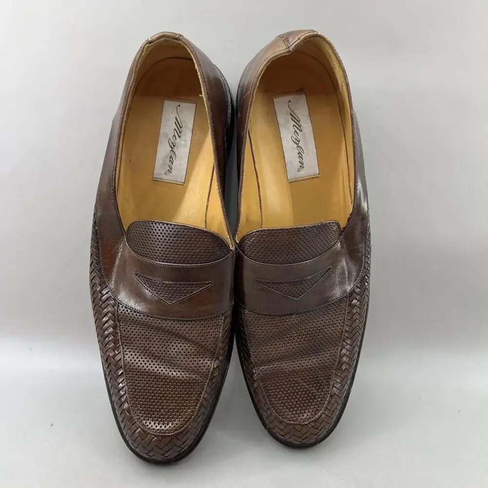 Mezlan Woven Perforated Penny Loafers Men Size 11 M Brown Leather Dress Shoes